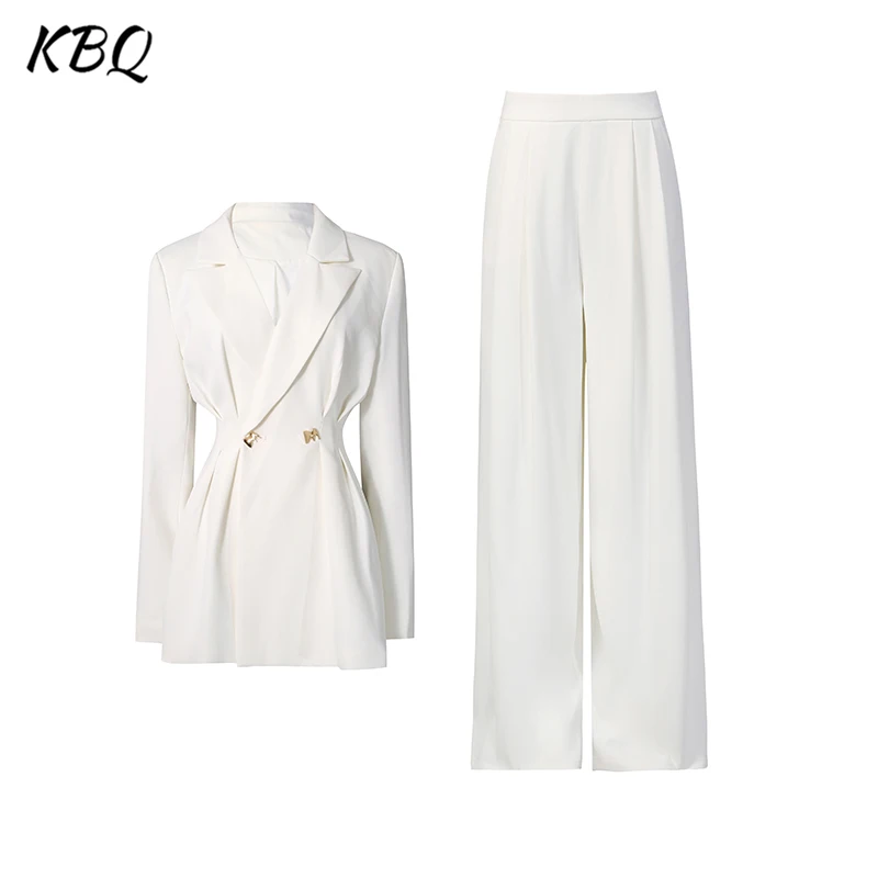 

KBQ Французские однотонные шикарные комплекты из двух предметов для женщин, туника с v-образным вырезом и длинными рукавами, топ, брюки с высокой талией, шикарный комплект, женская мода, новинка