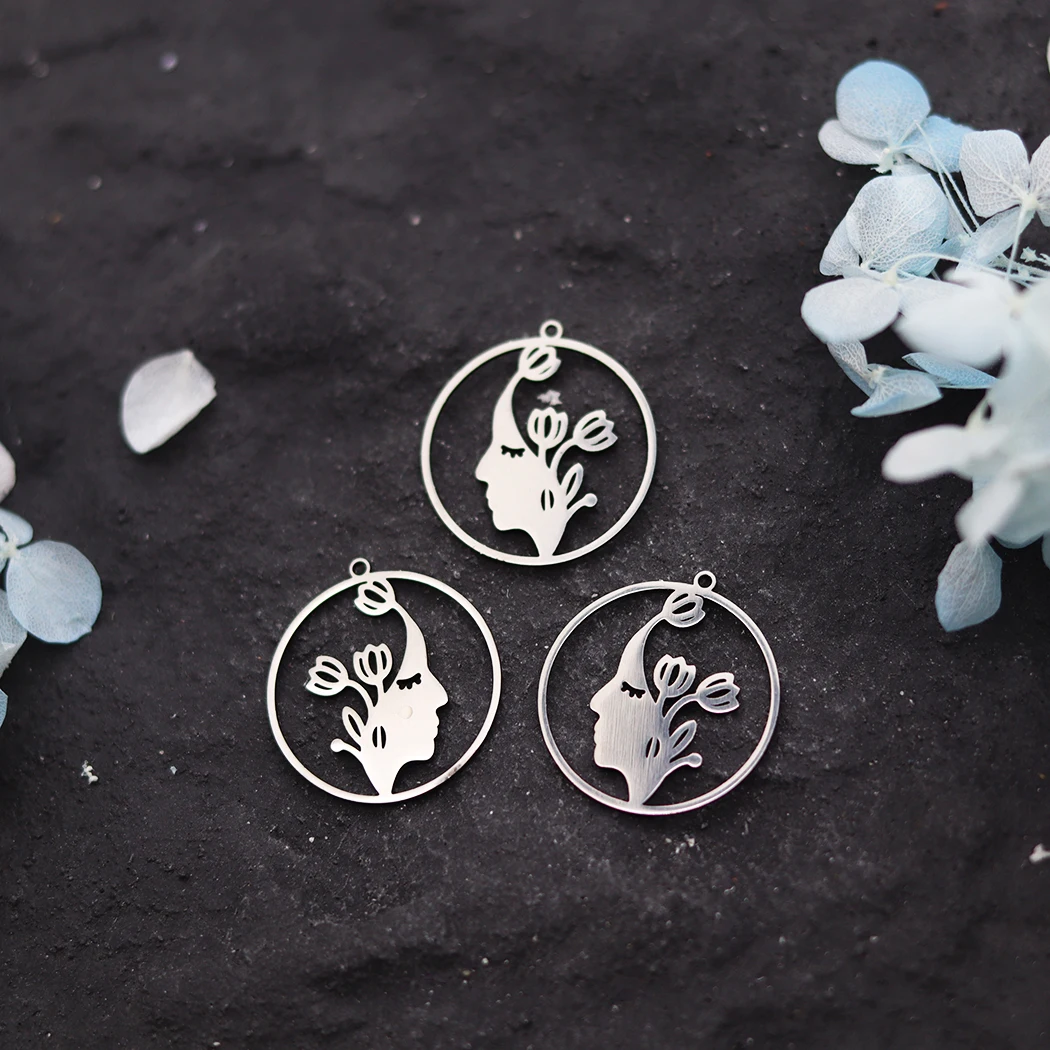 3pcs Beauty Girl Side Face Pendants Stainless Steel Delicate Charms For Jewelry Making DIY Necklace Earrings Accessories