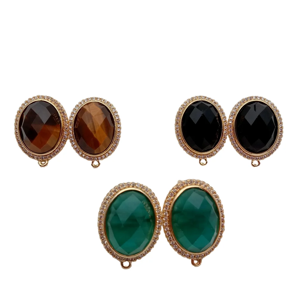 

5 Pairs 17x20mm Oval Gemstone Stud Earrings Cz Pave For Handmade Jewelry