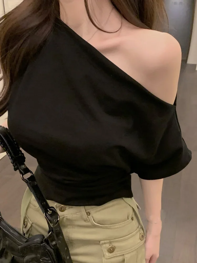 Skinny Sexy White Y2k Crop Top Women Off Shoulder Spring T-shirt Korean Style Black Blouse Tees 2024 Summer Fashion Clothing