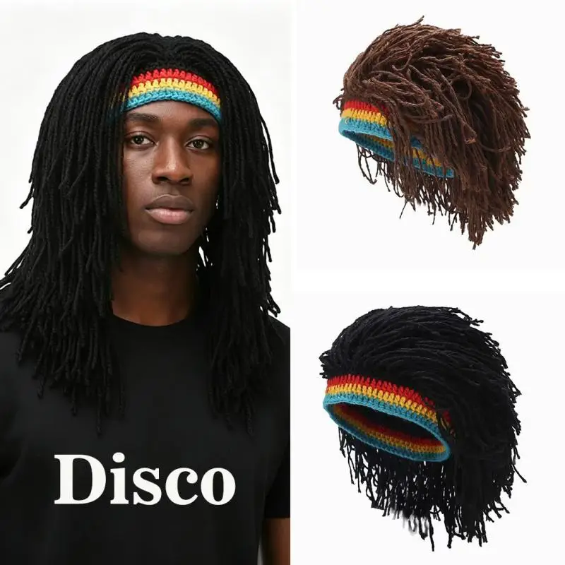 Men Women Handmade Crochet Dreadlock Wig Knitted Hat Colorful Striped Headband Synthetic Wig Cap For Hip Hop Jamaican Cosplay