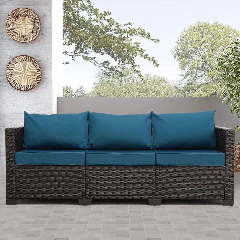 

3-Seat Wicker Patio Couch with Deep Seat, High Backrest, and Non-Slip Cushions in Peacock Blue