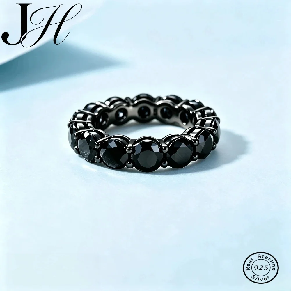 JOIAS HOME Black Moissanite Full Eternity Ring 925 Sterling Silver Sparkling Gemstone Wedding Hip Hop Fine Jewelry for Men Women