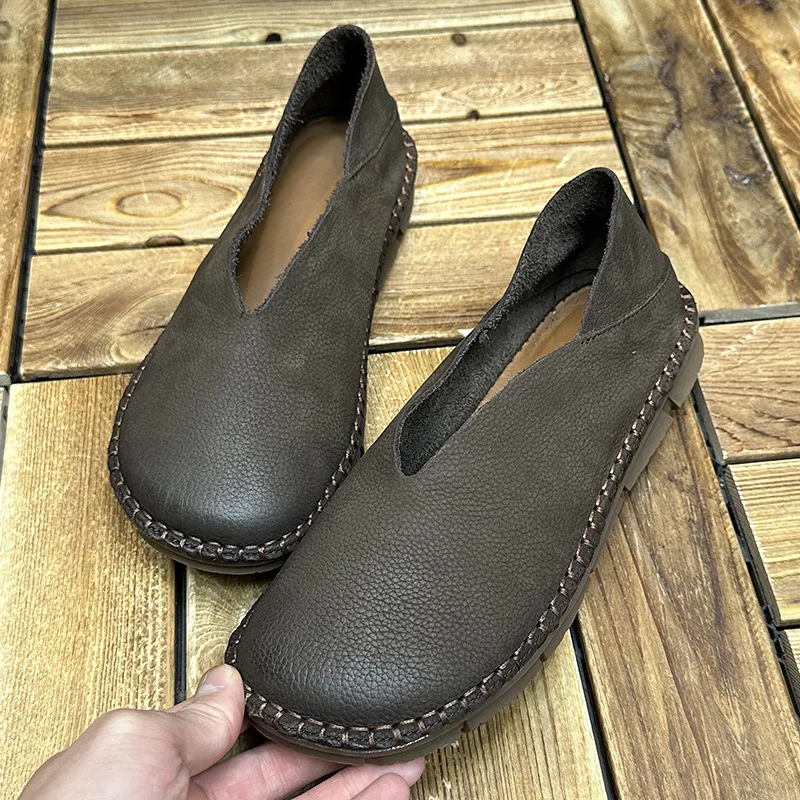 New Genuine Soft Leather Women Loafers Shoes Single Flat Cowhide Retro Handmade Shoes