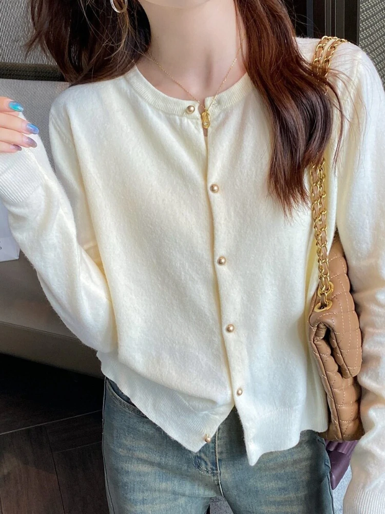 Early Fall Solid Tops 2026 Autumn Winter Grey Knit Women Cardigan Thin Long Sleeve Designer Style Sweater Outerwear