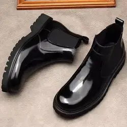 High Quality Men's Boots Genuine Leather Black Slip On Round Head Brogue Male Dress Shoes Wedding Luxury Chelsea Boots Men