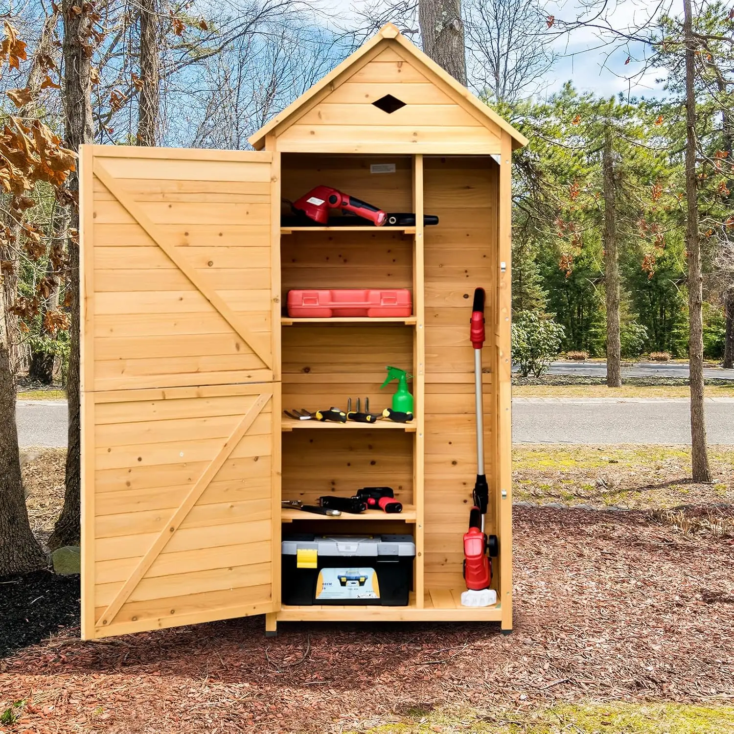 

Wooden Storage Shed, Outdoor Storage Cabinet with 4 Shelves and Pitched Galvanized Sheet Roof, Lockable Garden Shed