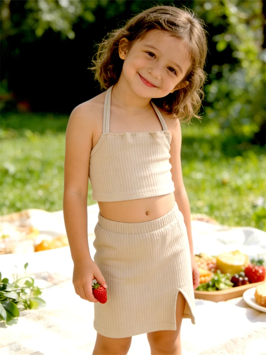 5-7Y Kids 2Pcs Outfits Solid Color Ribbed Halter Sleeveless Crop Tops + Short Slit Skirts Girls Summer Streetwear
