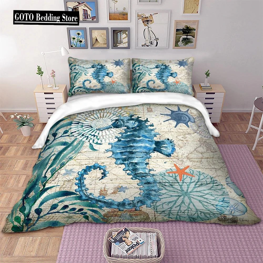 

3d Seahorse Duvet Sets Marine Mediterranean Style Bedding Set Teal Ocean Comforter Cover Kid Double Bed Set