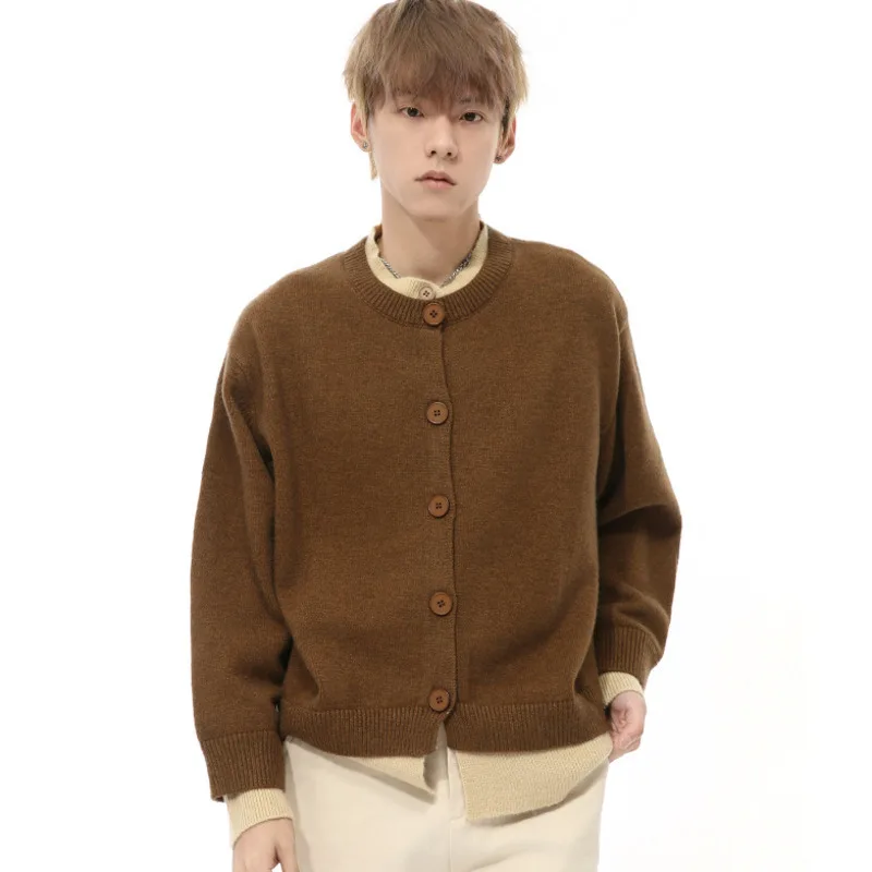 SYUHGFA Korean Style Men's Cardigan Single Breasted Fake Two Pieces Round Collar Loose Knitting Loose Male Sweaters 2024 Autumn