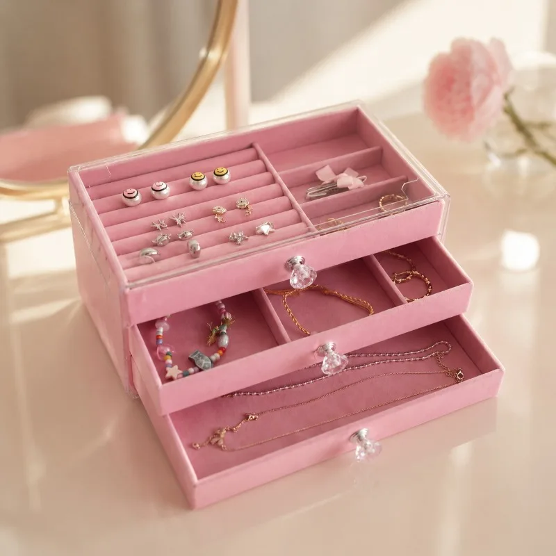 3‑Tier Pink Velvet Acrylic Jewelry Box Dust‑Proof Drawer Organizer for Rings Earrings Necklaces Bracelets Vanity Storage Gift