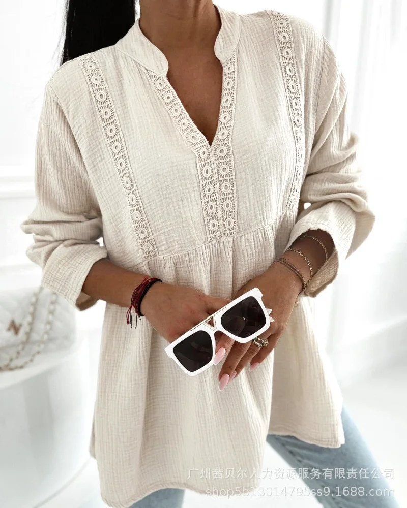 

Blouses Shirt Women V Neck Tops Casual Loose Notch Neck Y2k Streetwear Elegant Splice Top High Waist Lace Shirts 2025 Work