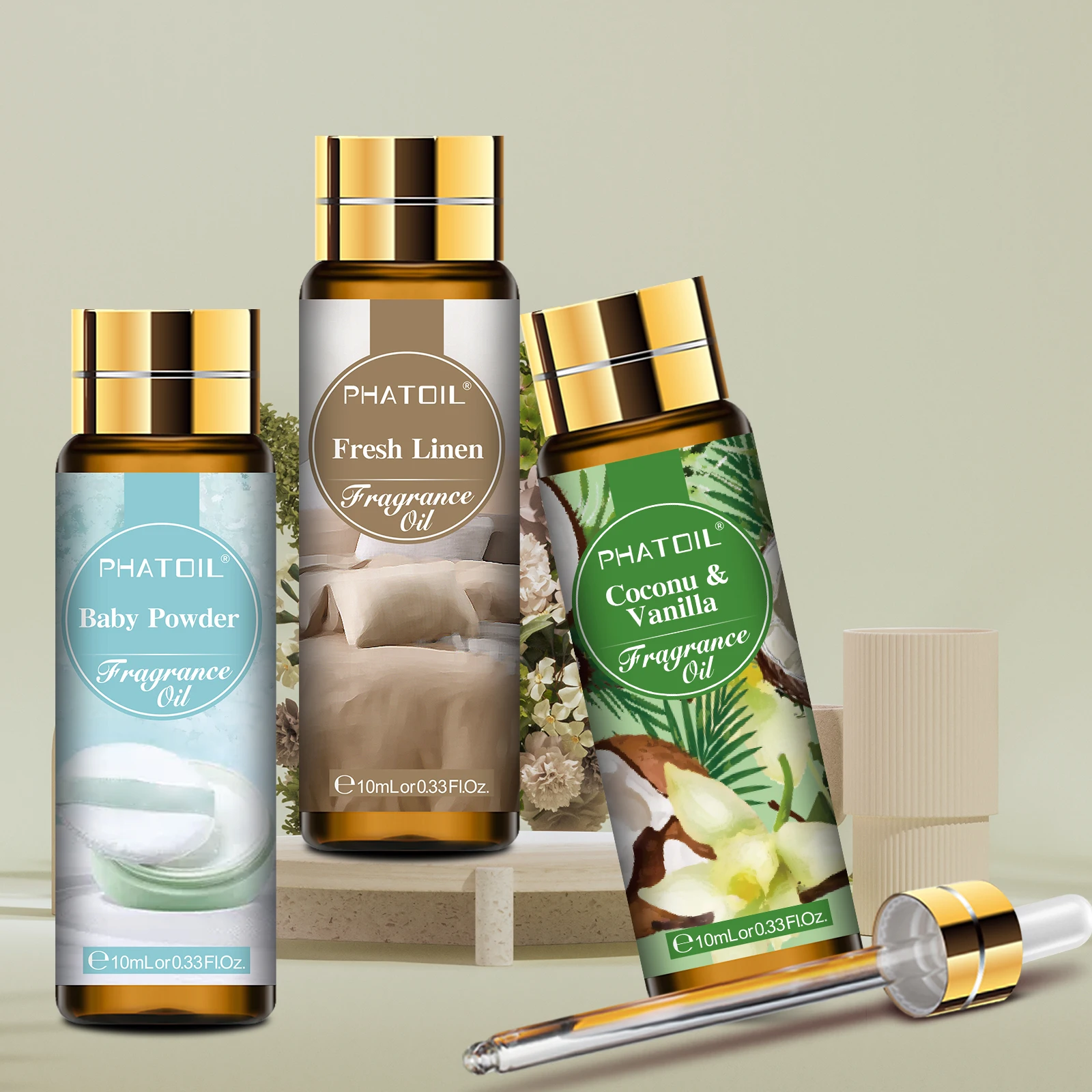 

PHATOIL 3 Bottles Fragrance Oil Set For Diffuser Aromatherapy-10ml Coconut & Vanilla Baby Powder Fresh Linen Aroma Oils