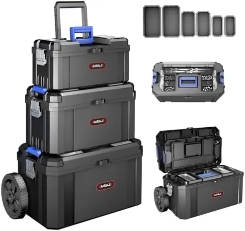 3 IN 1 Rolling Tool Box With Wheels,Stackable Tool Box,Modular Tools Storage Organizer,Top Small Parts Organizer
