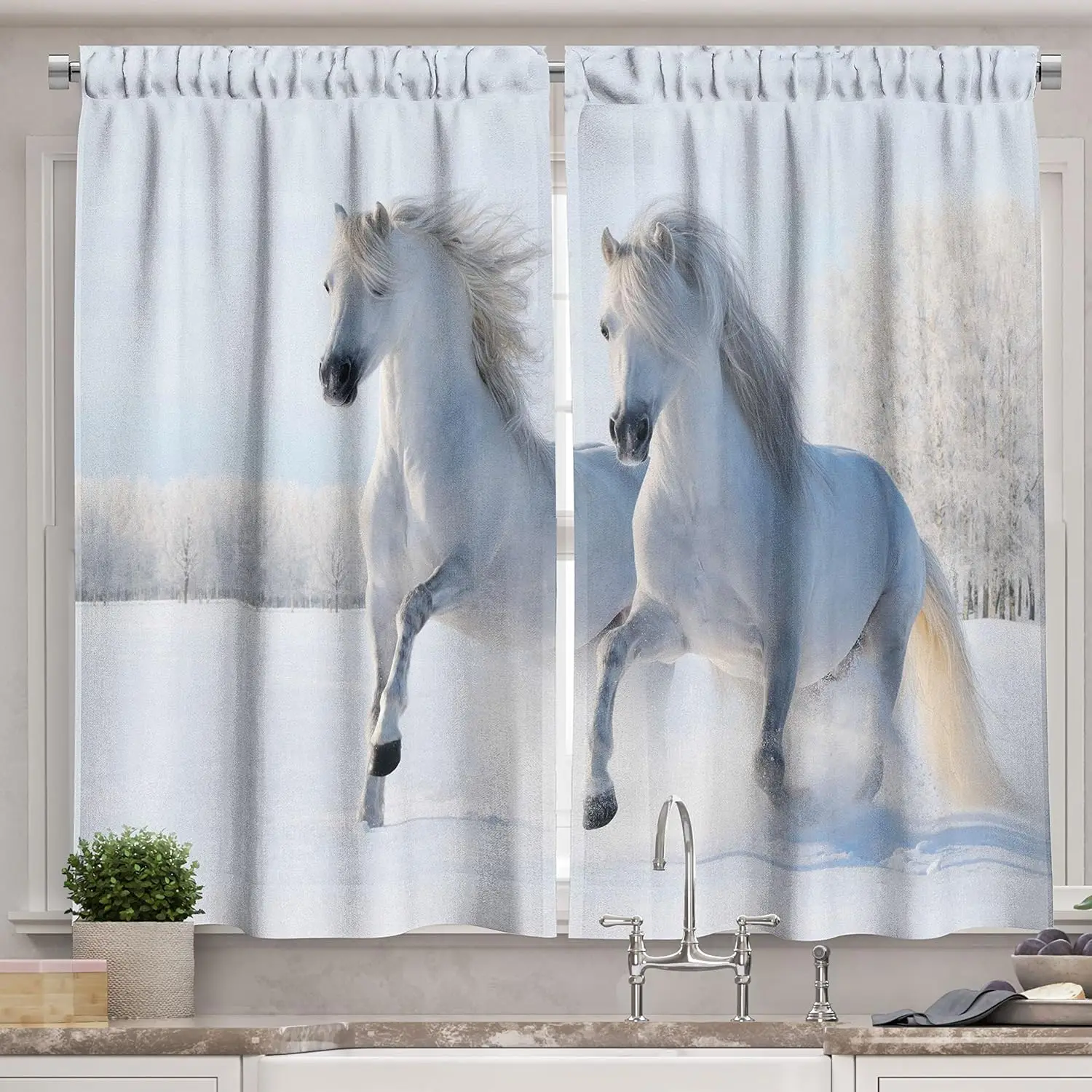 Kitchen Curtains, 2 White Stallions Gallop on Snow Field Natural Landscape Winter Trees, Window Drapes 2 Panel Set for Kitchen