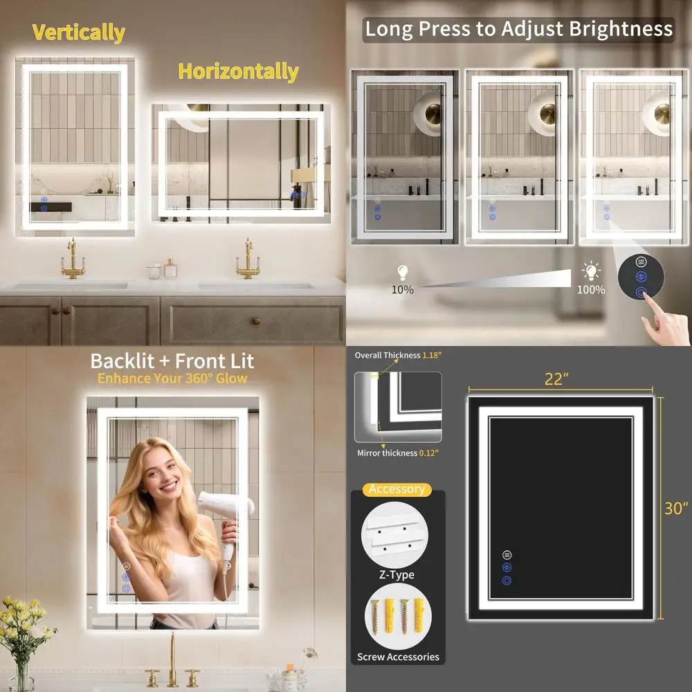 

22x30 Inch LED-Illuminated Bathroom Mirror with Anti-Fog, Backlit and Front Light, Dimmable, Tempered Glass, 3 Color Options