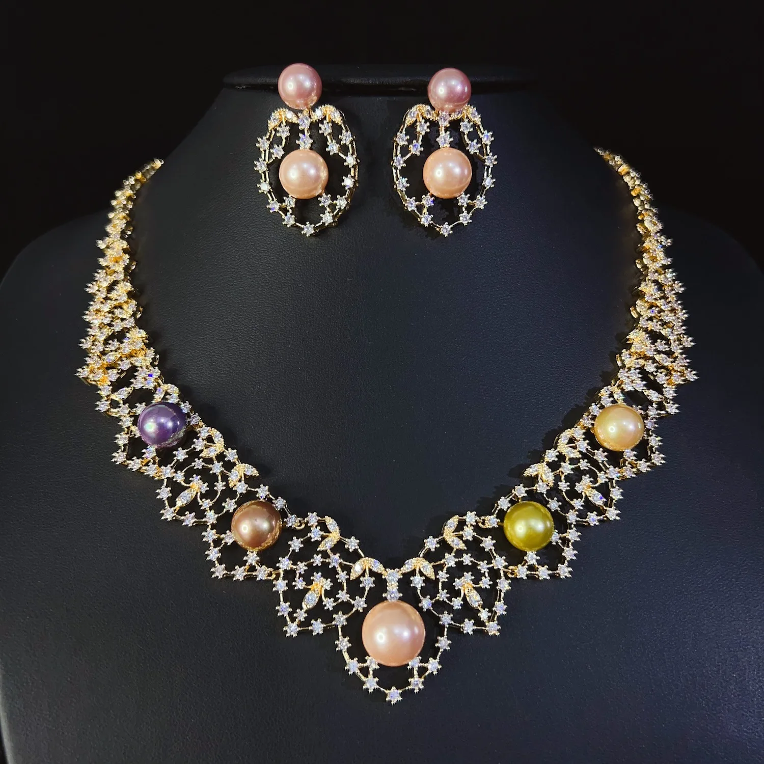 Elegant Gentle Jewelry Colored Pearl Necklace and Earring Set Middle Eastern Women Suitable for Wedding Bridal Party Gifts M1154