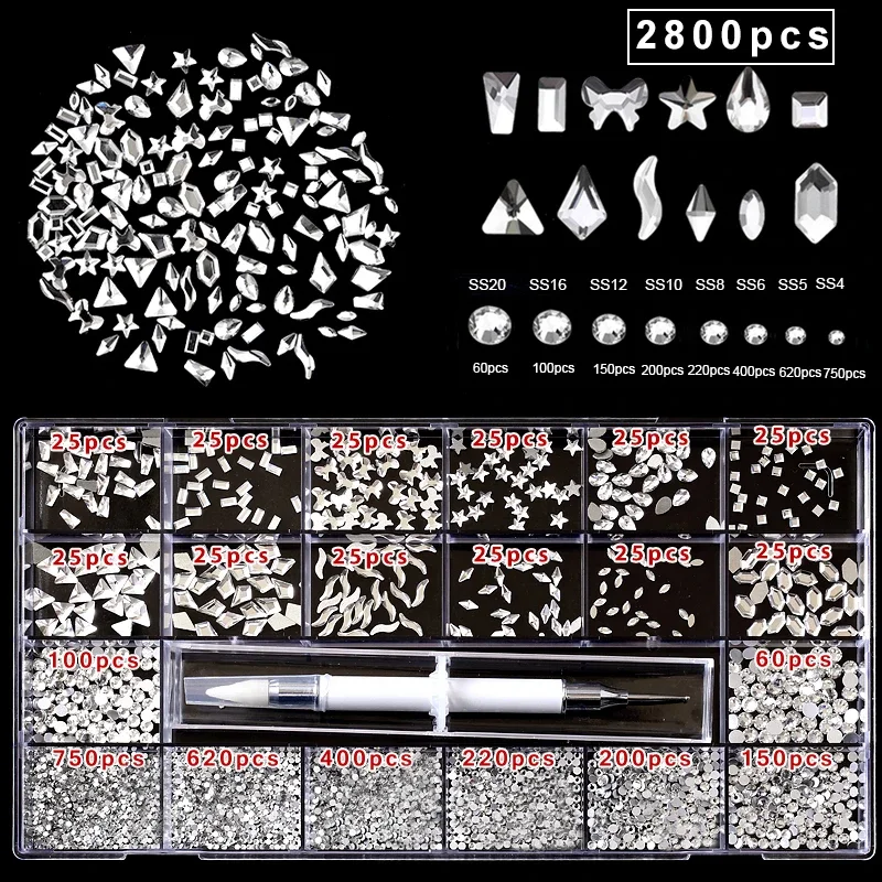 2800/3100PCS Red Pink AB Nail Rhinestones Crystal Decorations Set Nail Stone Drill Pen Luxury Shiny Diamond Manicure Accessories