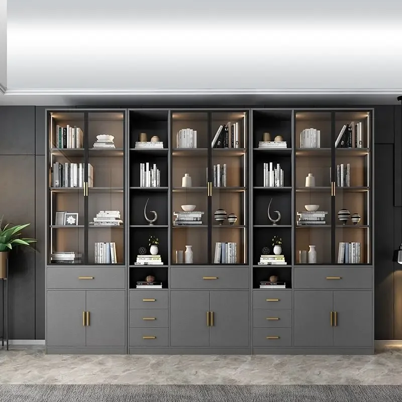 Solid wood bookcase Nordic glass door to the top Simple modern floor-to-ceiling office study Internet celebrity bookcase