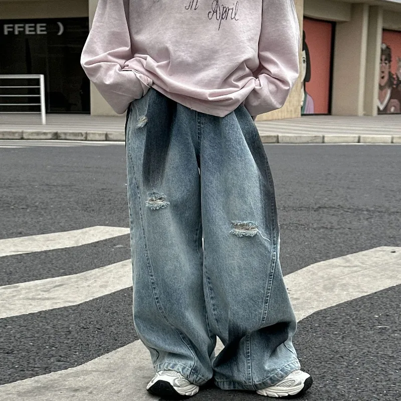 

Джинсы для мальчиков, весна-осень 2024, детская одежда, свободные прямые брюки в корейском стиле, модные широкие винтажные брюки