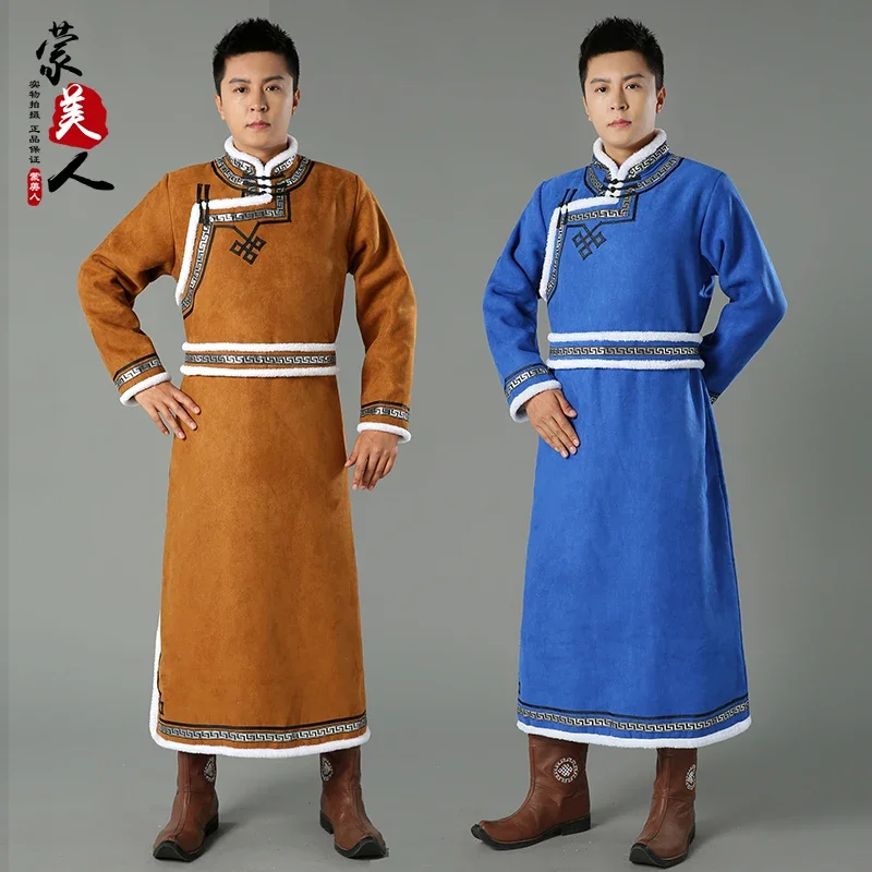 Traditional men's Mongolian robe autumn and winter deerskin velvet thickened thermal robe daily life wear