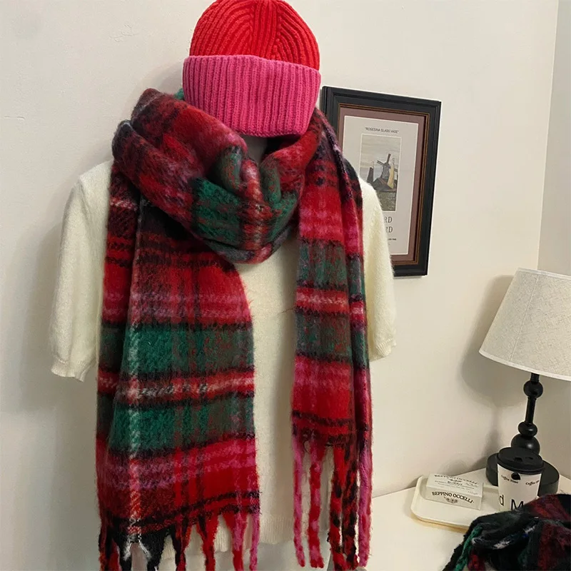 Christmas Red and Green Plaid Soft Tassel Scarf Women's Winter All-match Couple Red Scarf with Cold-proof Dual-purpose Shawl