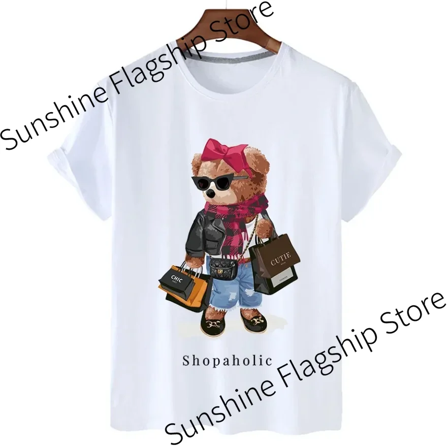 Cotton T Shirt for Women Cute Shopaholic Cartoon Print Oversized Summer Y2k Streetwear Girl Graphic Tee Cute Funny T-Shirts