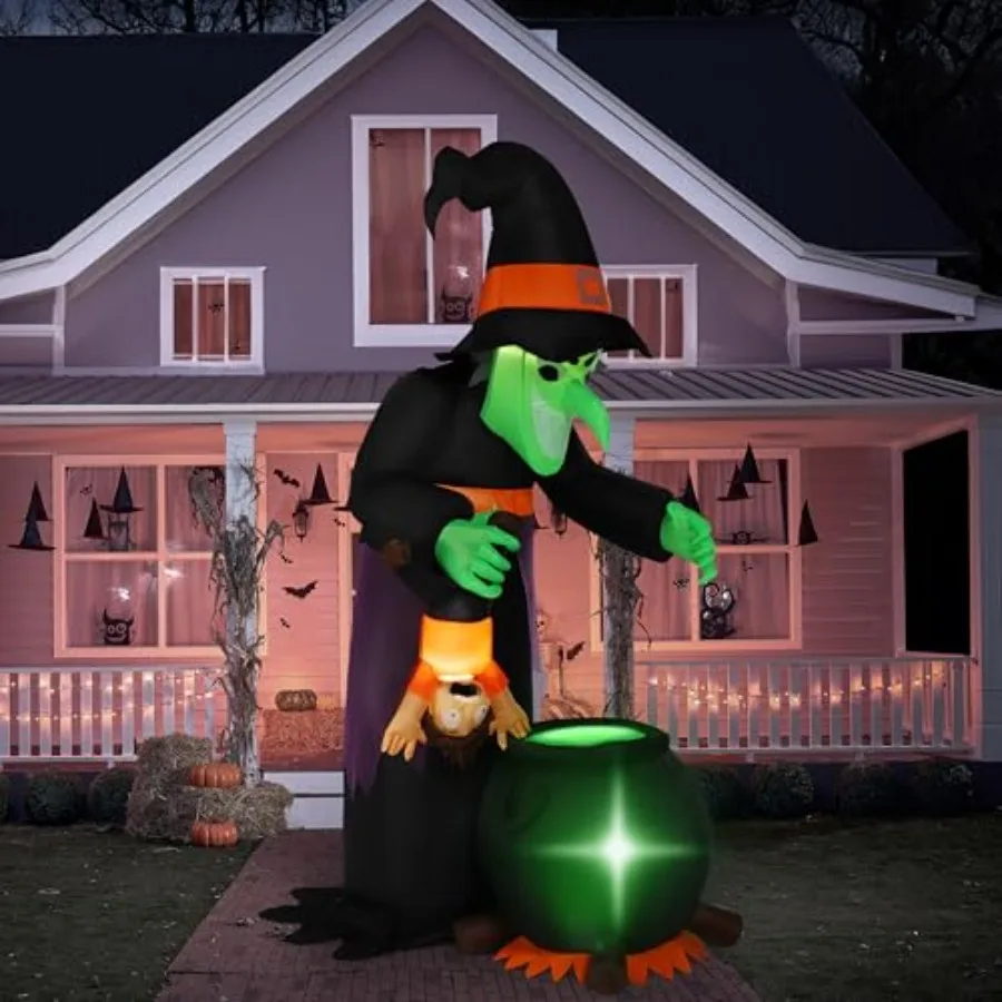 

Halloween outdoor decoration, PVC material, black and purple, animated swinging witch with LED lights over cauldron