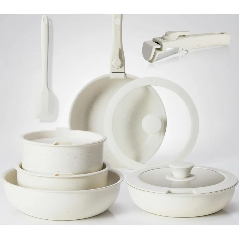 

Набор посуды с антипригарным покрытием, 12 шт., со съемной ручкой, индукционная безопасная кухонная кастрюля для автофургона, сковороды, посудомоечная машина, духовка