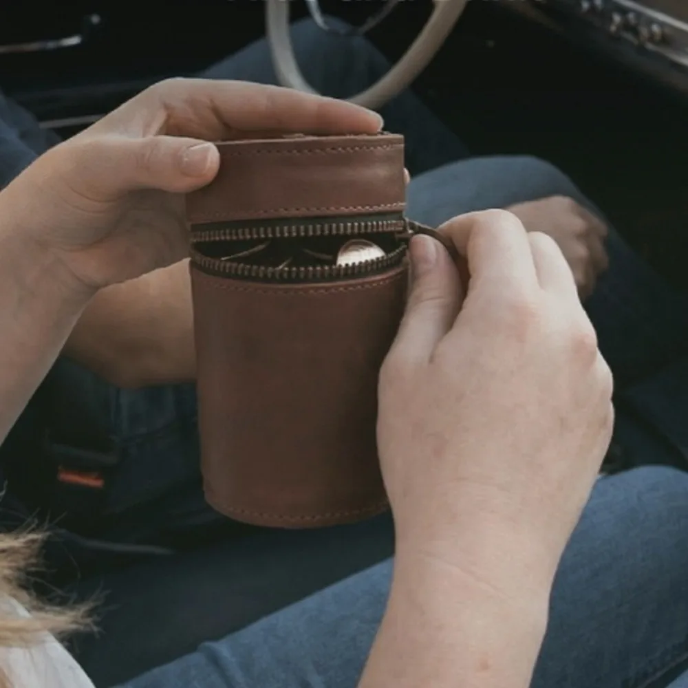 Retro PU Leather Coin Storage Bank Handmade Round Zipper Key Storage Pouch Cylindrical with Clip Money Clip for Men Women