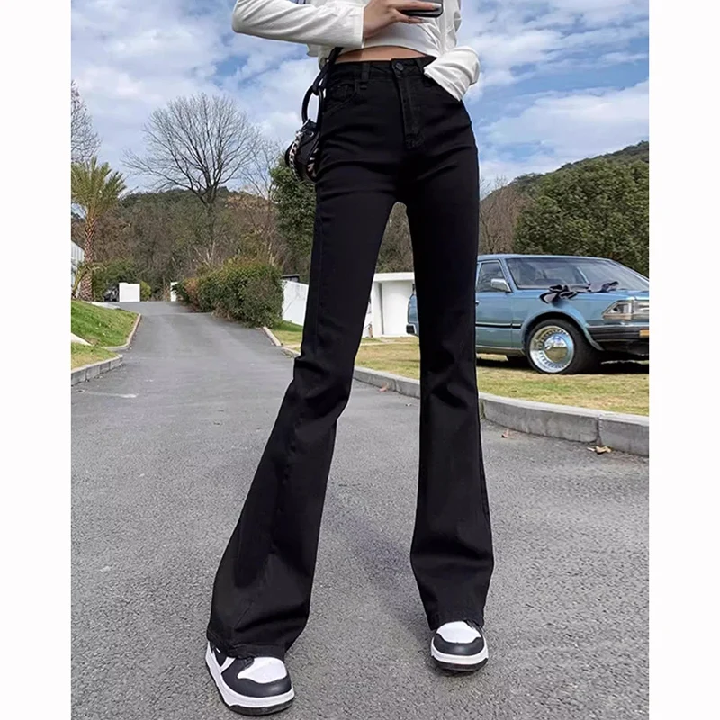 2025 High Street Women Solid Flared Jeans Girls Korean Casual High Waist Denim Trousers Women Classic Daily Straight Leg Pants