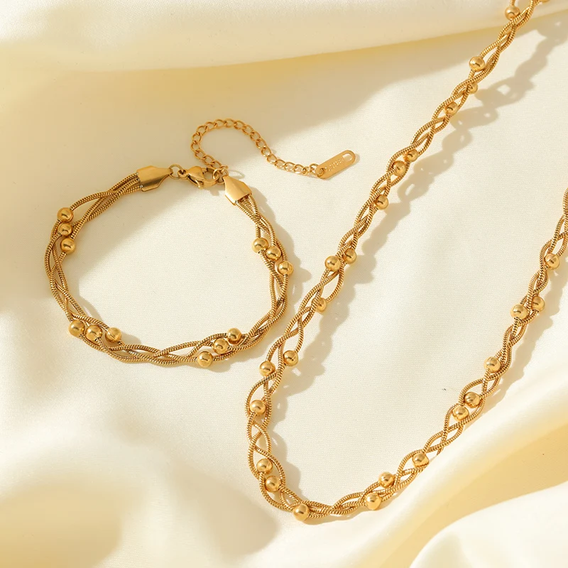 EILIECK 316L Edelstahl Silberfarben Perlen-Wickelketten-Halsketten-Armbänder-Set für Damen Trendiger Wasserdichter Schmuck Geschenk – Detail 12