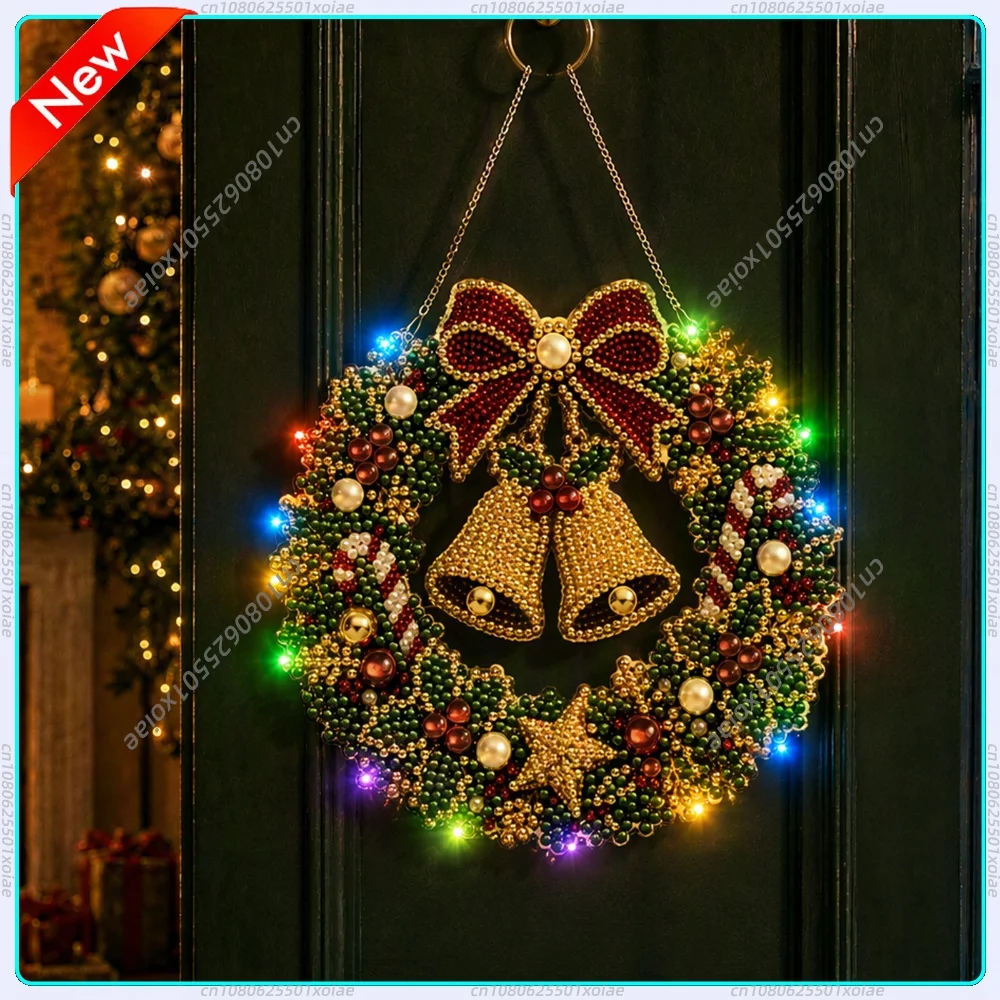 DIY Christmas Wreath Diamond Art Kit LED Lights Double Sided 9.84in Holiday Door Wall Hanging Ornament