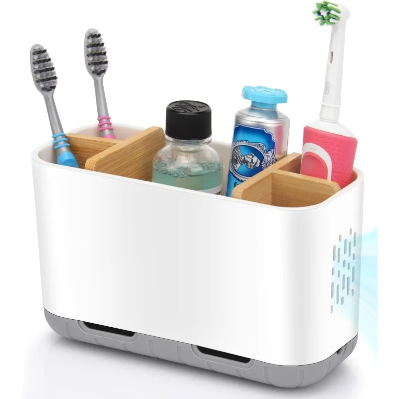 Bamboo Divider Toothbrush and Toothpaste Holder with Drainage,for Bathroom Countertop, White Tooth Brush Holder