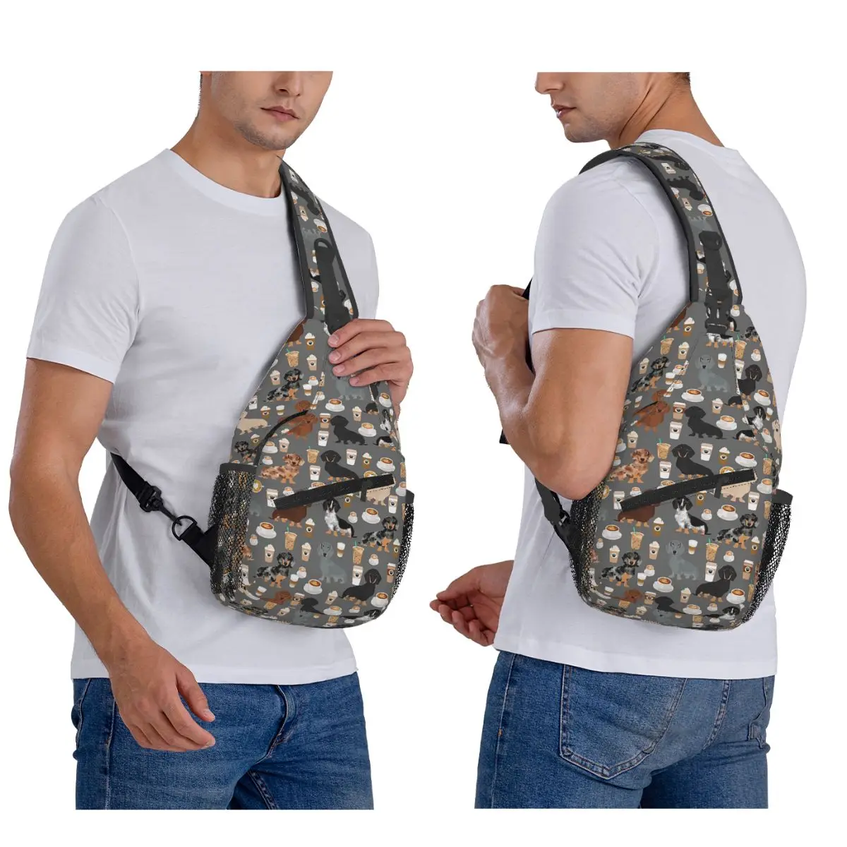 Dachshund Dogs Coffee Chest Bag Men Sling Crossbody Backpack Chest Bag Travel Hiking Daypack Shoulder Bag