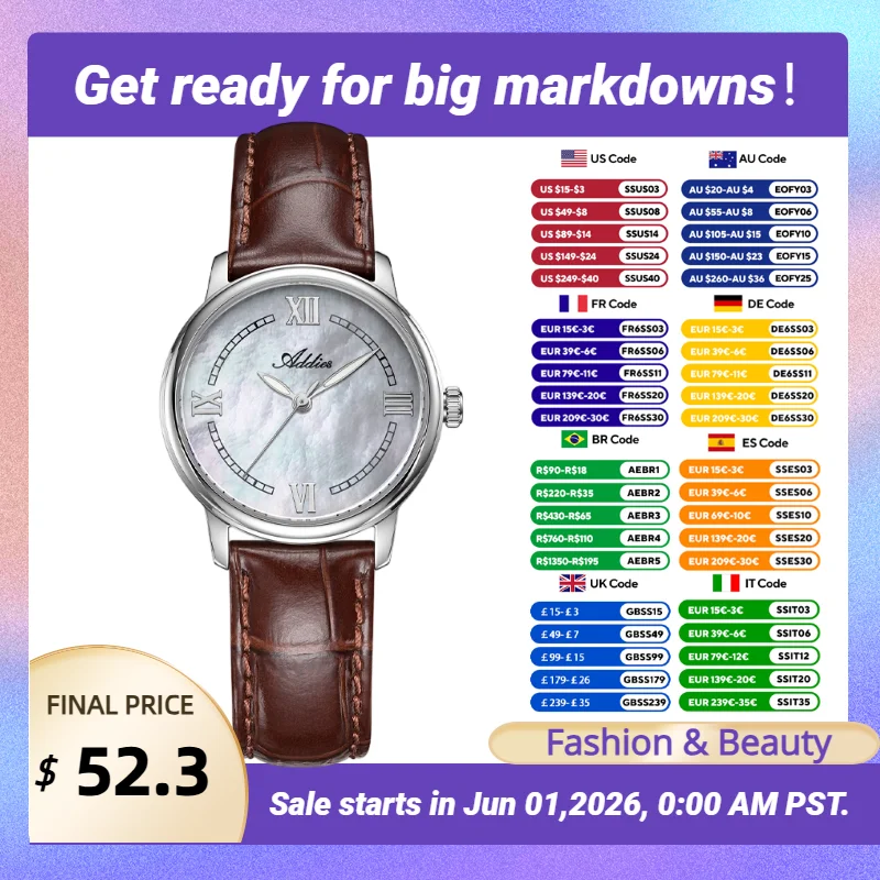 ADDIES Women Watches High-End Luxury Elegant Sapphire Waterproof Stainless Steel Watch Mother-Of-Pearl Dial Fashion Watches New