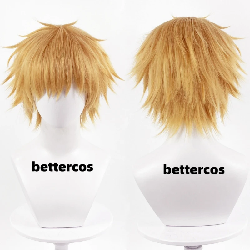 Peruca Curta Dourada Resistente ao Calor Denji Cosplay, Cabelo Sintético Resistente ao Calor, Perucas de Halloween Anime, Boné Peruca, Alta qualidade