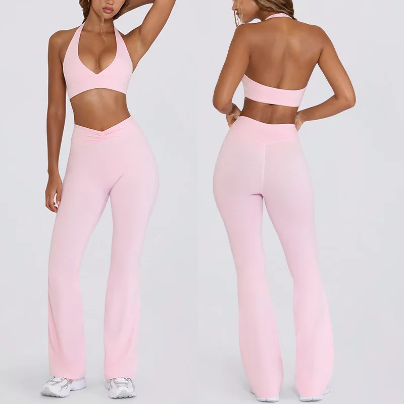 

Женский спортивный бюстгальтер с открытой спиной и лямкой на бретельках для бега и расклешенные брюки для йоги для фитнеса, комплект спортивной одежды для йоги