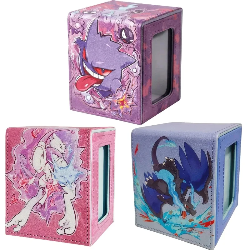 

3styles PTCG Charizard Gengar Mewtwo Window Design Magnetic Leather Card Box Anime Cartoon Board Game Trading Card Storage Box