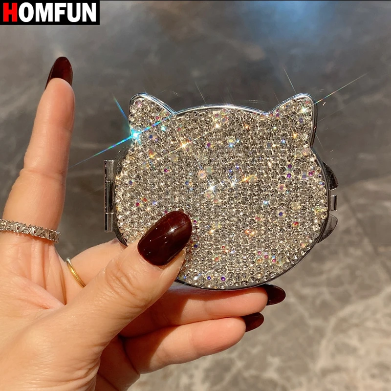 HOMFUN Cute Cat Foldable Pocket Mirror With Rhinestones Double Side Mini Diamond Painting Mirror For Home Travel Outdoor Use