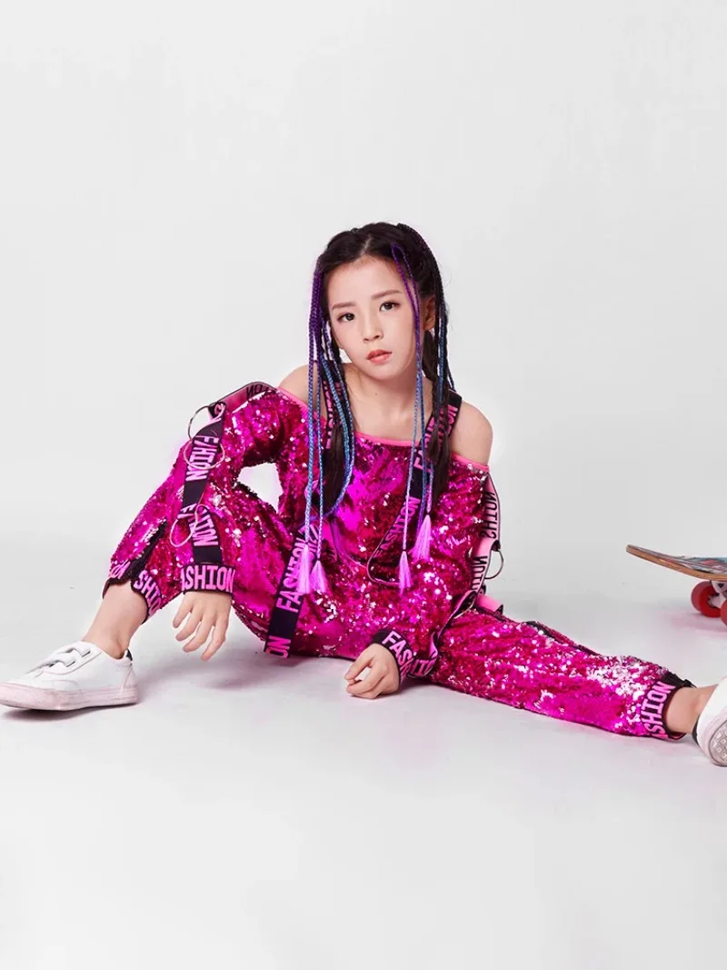 Children Jazz Girl Hip Hop Dance Costumes Children Red Silver Sequin Coat Pants Kids Street Dancing Clothing Ballroom Stage Wear