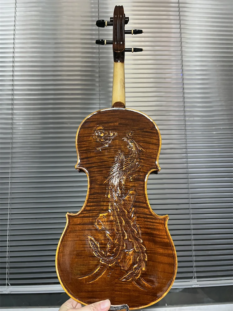 Actual Photo 4/4 Size Flamed Maple Back Carved Phoenix Hand Crafted Violin/Fiddle w/ Case&Bow V341