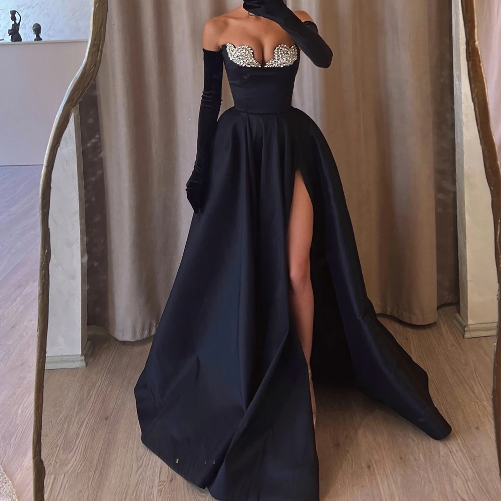 Fashion  A-Line Floor Length Strapless Jersey Sleeveless Crystal Evening Dress Modern Photo Color Custom Size vestidos de fiesta