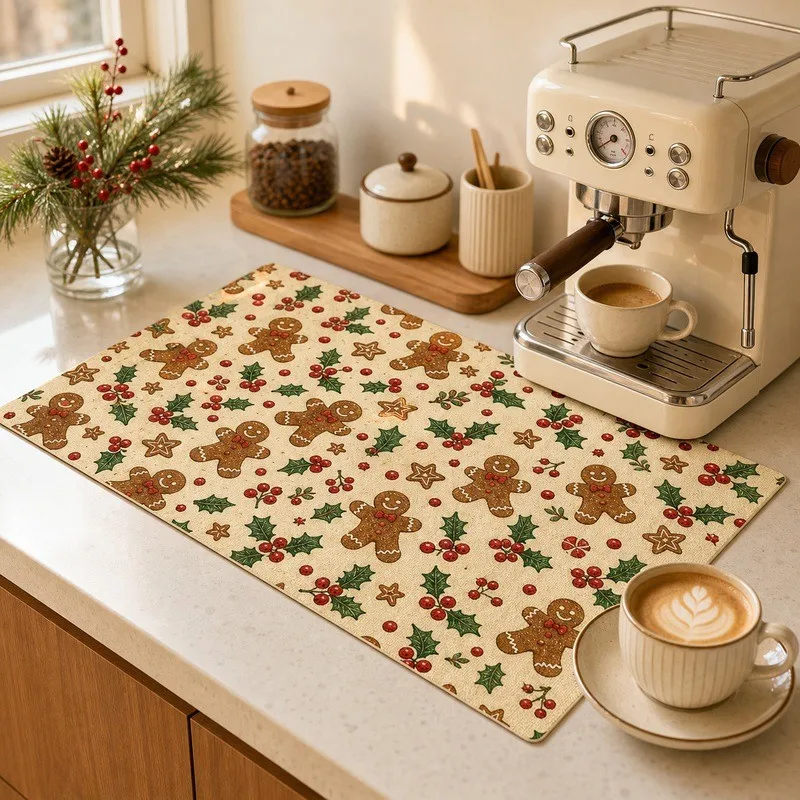 VIKAMA Diatomite Drying Mat, Super Absorbent Quick Dry Non-Slip Heat Resistant Coffee Bar Gingerbread Candy Cane Gift