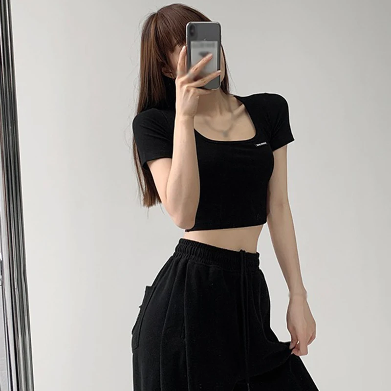 Women's Short Sleeved Casual T-Shirts Summer Square Neck Midriff-baring Exposed Clavicle T-Shirts