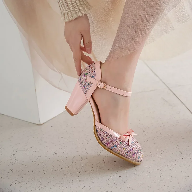 

YMECHIC 2025 Summer Fashion Cute Ladies Princess Lolita Shoes Plaid Pink Black White Two-Piece Block High Heel Pumps Party Shoes