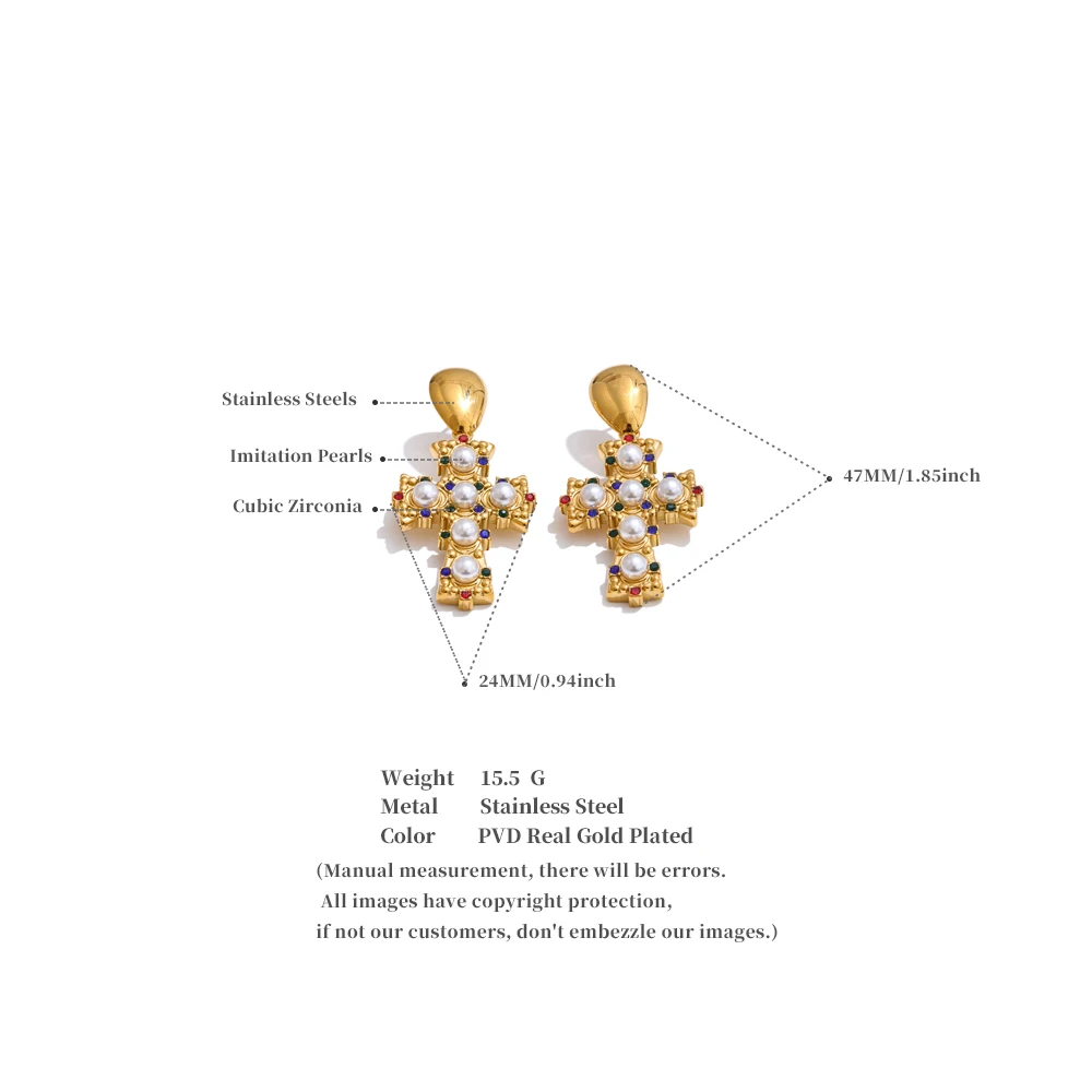 Yhpup Vintage Imitation Perlen Zirkonia Kreuz Tropfen Ohrringe 18 Karat Gold Farbe Edelstahl Beliebte Schmuck 2025 – Detail 7
