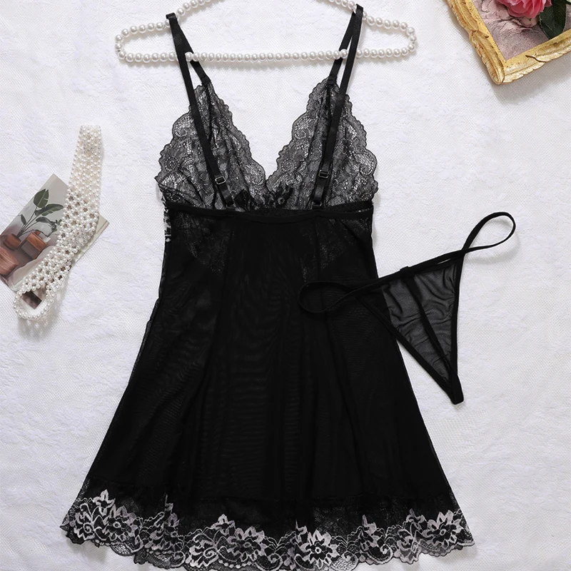 Sexi Black Sling Lace Underwear Women Nightwear Sexy Lingerie Transparent Temptation Comfort Babydolls Deep V Set Erotic Costume