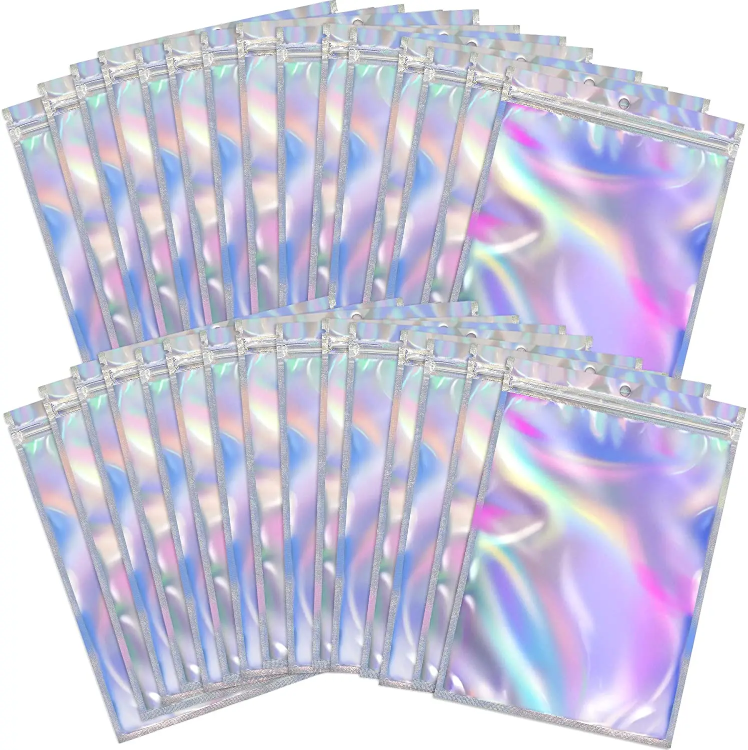 Bolsas de jóias de plástico pequeno a laser, redobrável grosso, rosa holográfico, saco de embalagem com zíper, sacos lisos de jóias cosméticas, 10pcs