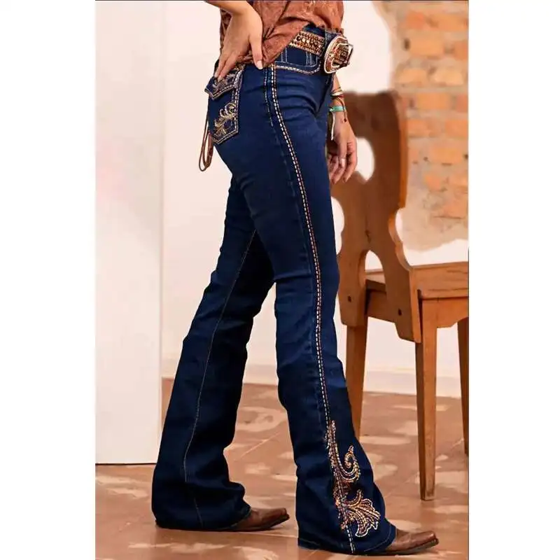 Stylish Cowgirl Boo-Cut Denim Jean Exquisite Embroidery Stretch & Comfortable Ladies Country Outfit Western Women Trousers T02